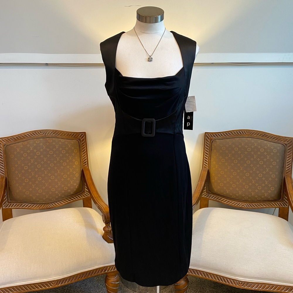 VTG 90s Sexy Black Pencil Dress with Belt, Vintage Deadstock, Office Siren, Goth